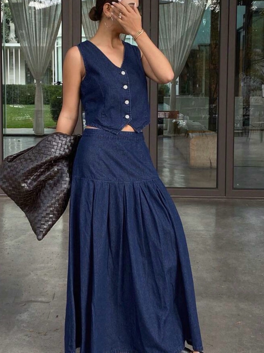 Denim Two-Piece Button Vest & Maxi Skirt Set - Deep Navy